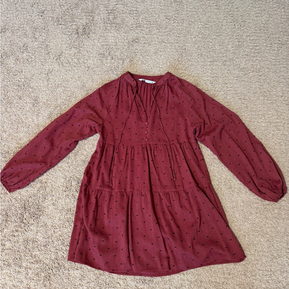 Zara Red Casual Sundress with Raglan Sleeves and Crew Neck